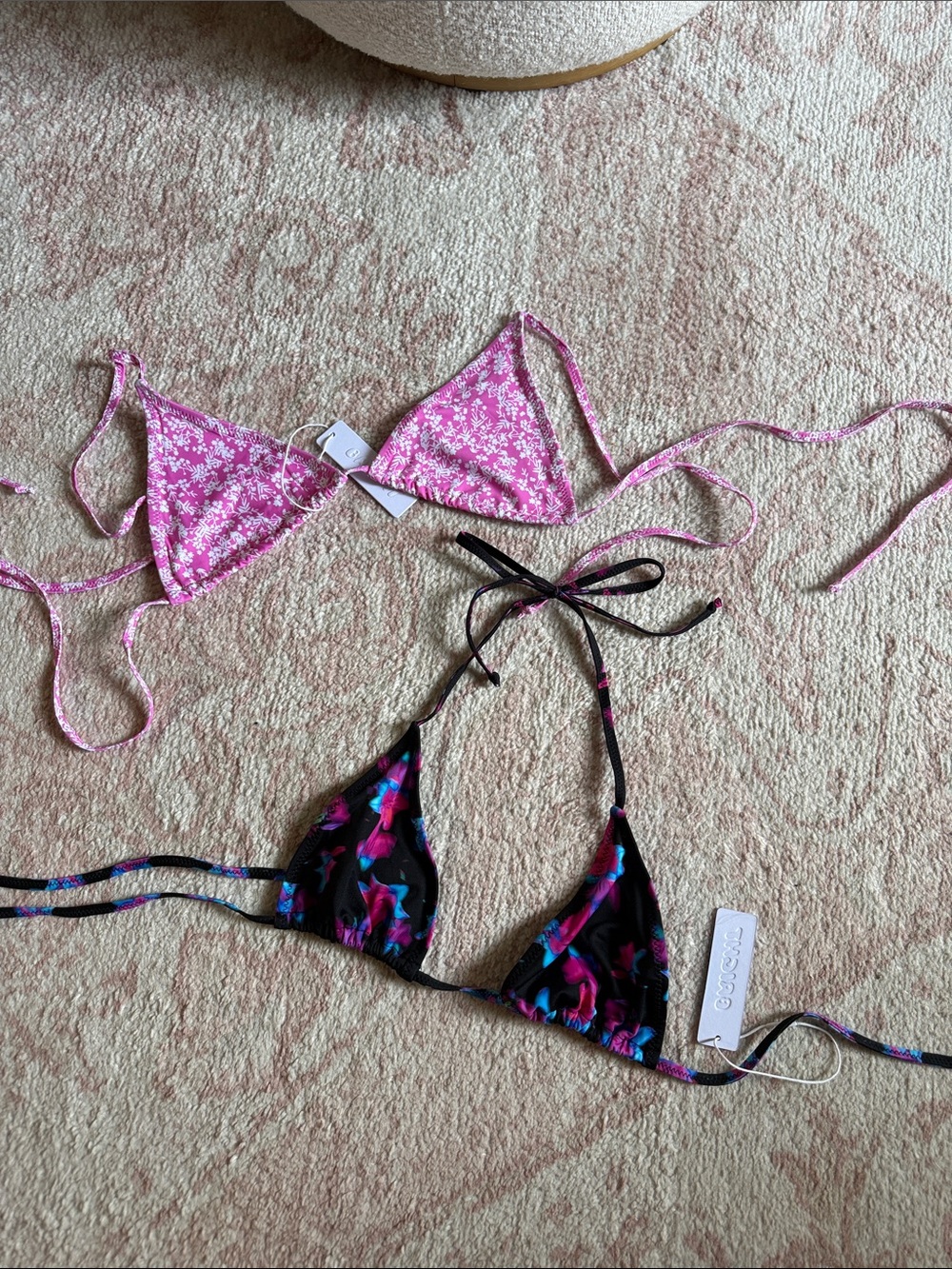 Two Bright Swimwear Triangle String Bikini Tops - Pink Floral & Black Multicolor
